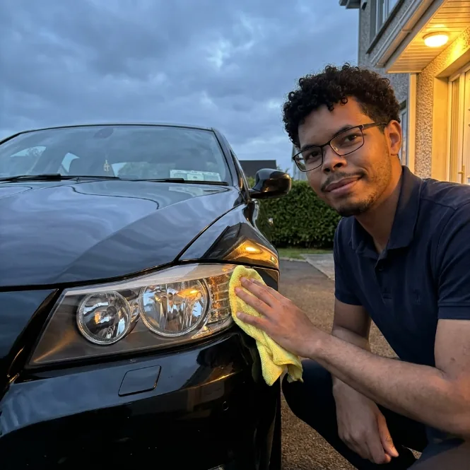 Eduardo restoring a BMW headlight at a customer's driveway